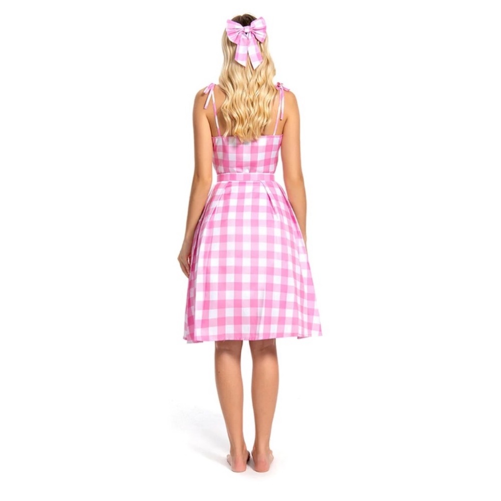 Margot Robbie Barbie The Movie Pink Plaid Dress and Accessories, Barbie Costume - Picture 3 of 9